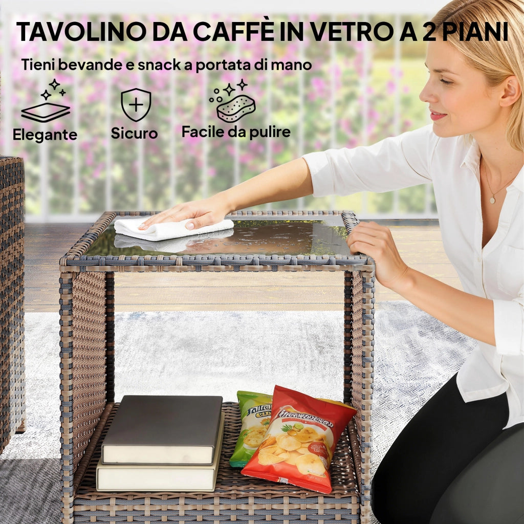 Set Giardino in PolyRattan e Acciaio 5 Pezzi con 2 Sedie, 2 Pouf e Tavolino da Caff¨¨ ¨C ZephMum ¨C Marrone e Crema
