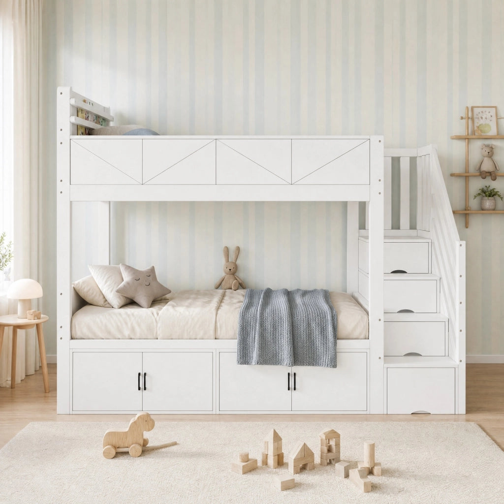 Letto a castello 90 × 200 cm 2 posti con scala contenitore e armadi; senza materasso; in legno e MDF; bianco