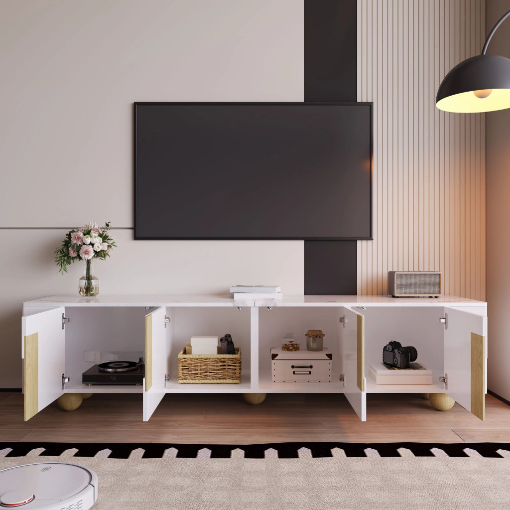 Mobile TV con 4 Ante; Superficie Effetto Marmo; per Soggiorno; in MDF e Pannelli di Particelle; 180×40×44 cm; Bianco e Legno
