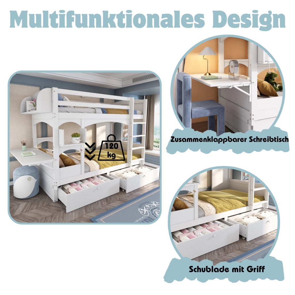 Letto a Castello 90x200 cm; 2 Posti - Scrivania Pieghevole; 2 Cassetti e Scala - Bianco