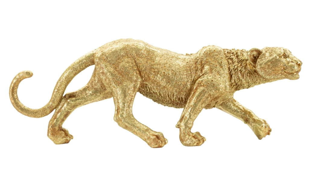 Statua Leopardo Shant in Movimento Oro - Design Glam in Polyresin - Cm 89x21x33 - Scultura Decorativa Moderna