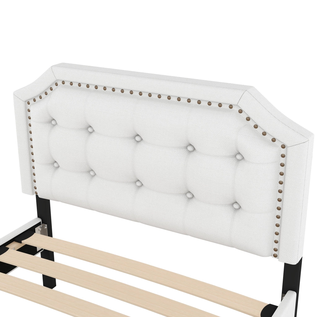 Letto imbottito beige chiaro 90x200 cm con cassetti doppi e decorazioni in borchie