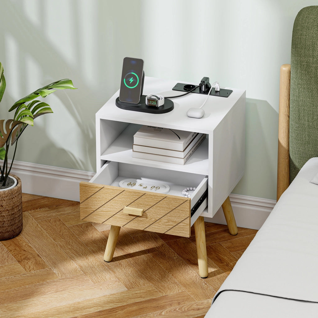 Comodino con stazione di ricarica ¨C Xylo ¨C 2 prese AC, USB-C, cassetto, legno bianco