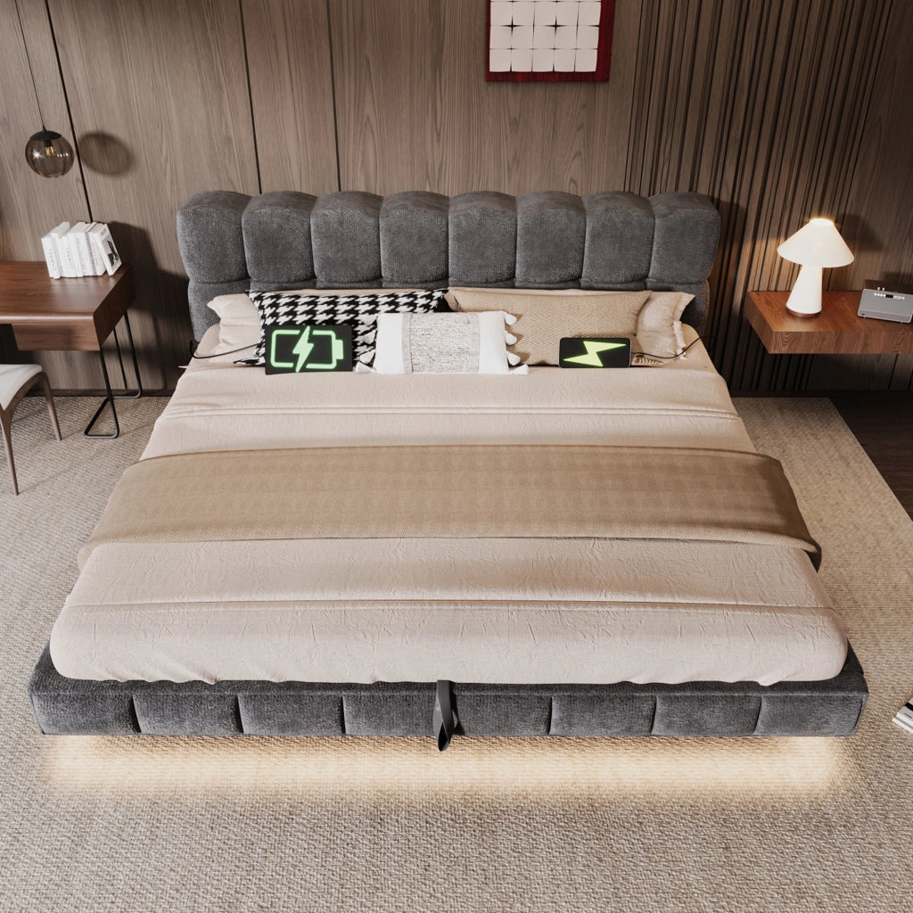 Letto imbottito 180x200 cm con contenitore idraulico e LED in ciniglia grigio
