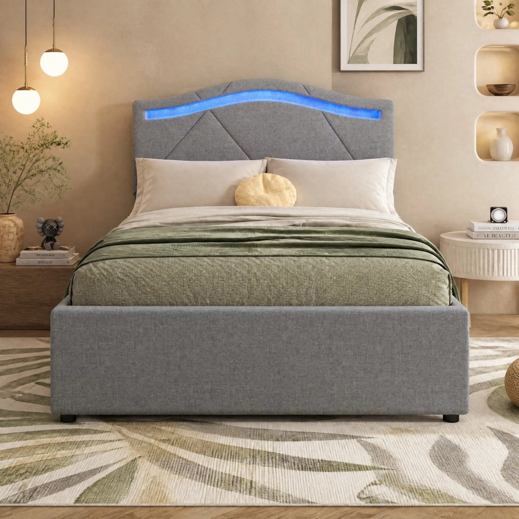 Letto singolo imbottito 90x200 cm con LED e 2 cassetti
