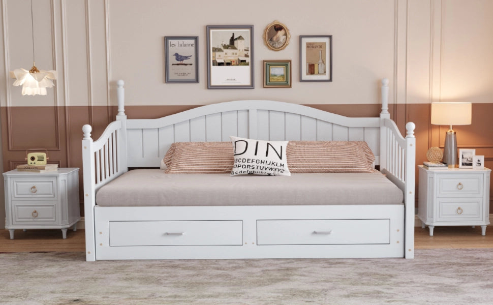 DESMIU Letto estraibile 90 × 190 cm 2 posti con 2 cassetti e schienale curvo, senza materasso, in legno, bianco