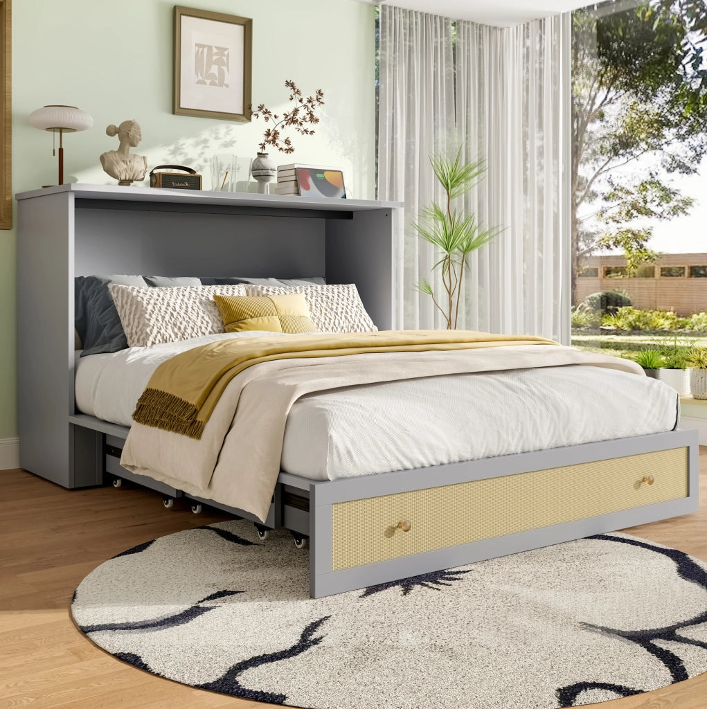 Letto a scomparsa con cassetti e ripiano, 140 x 200 cm, grigio