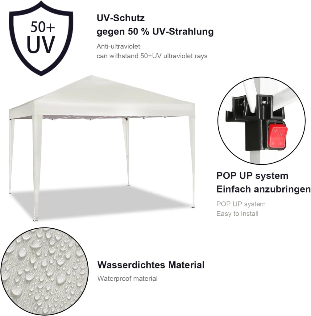 Gazebo da Giardino Richiudibile 3x3m Gazebo da Esterno in Ferro Regolabile in Altezza Tendone Pieghevole con Set di 4 Sacchi di Sabbia, Facile da Montare Beige