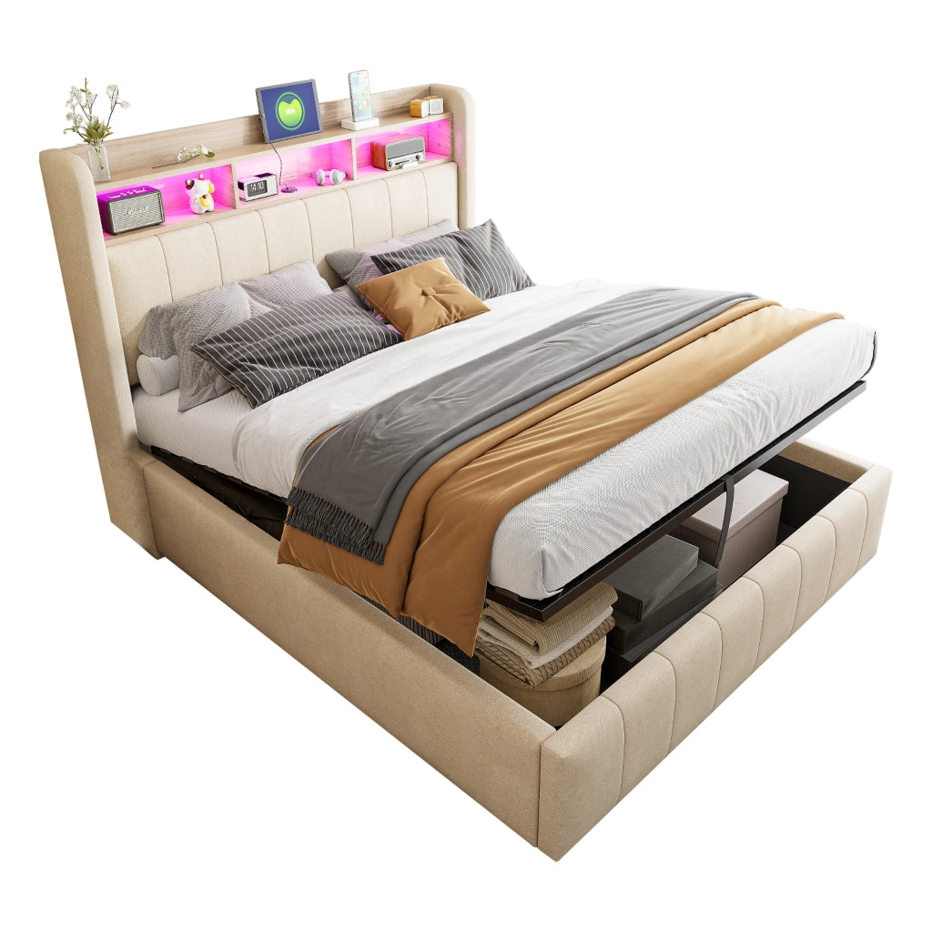OKWISH Letto Contenitore 140×200 cm, Letto Matrimoniale con LED Regolabile, USB, Tipo C e Mensole, senza Materasso, in Tessuto, Beige