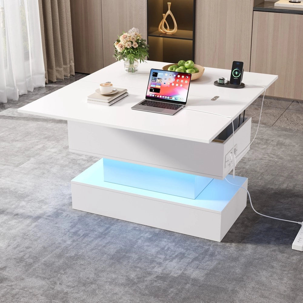 Tavolino da Caff¨¨ con LED e Presa USB ¨C MINIMAL ¨C Bianco, Piano Alzabile, 100x50x51.5