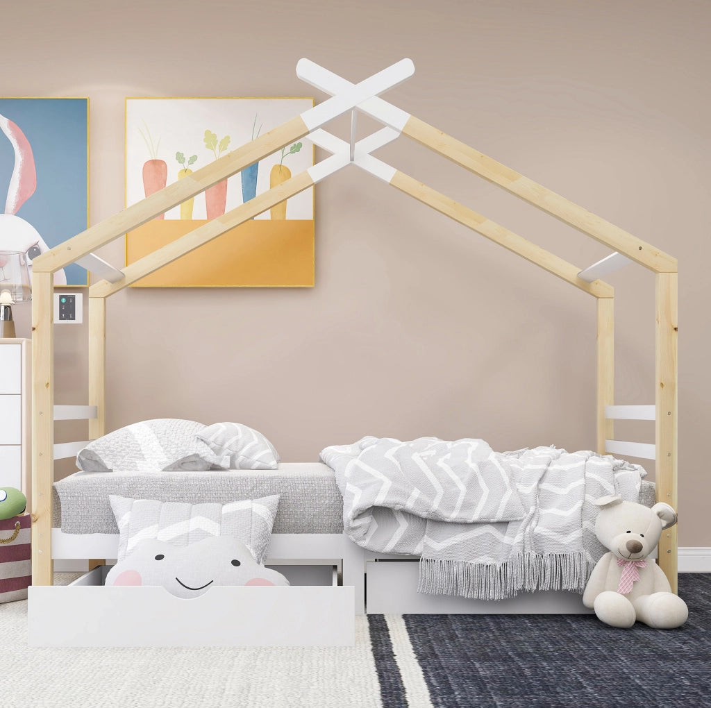 Letto casetta 90x200 cm; con cassetti; legno e MDF; bianco (Senza materasso)