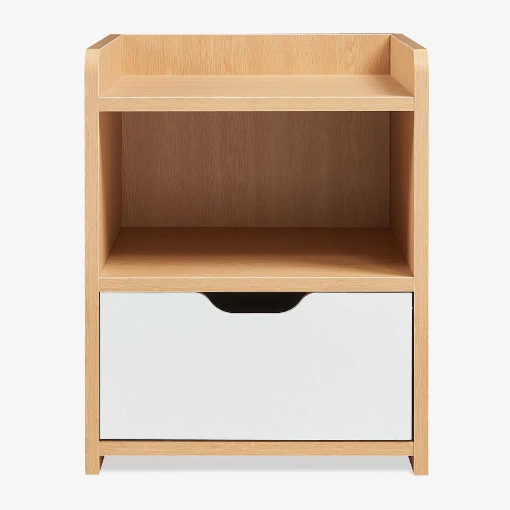 Comodino Bordkak con Cassetto e Scomparto Aperto 45 x 36 x 34 cm - Effetto Rovere / Bianco [en.casa]