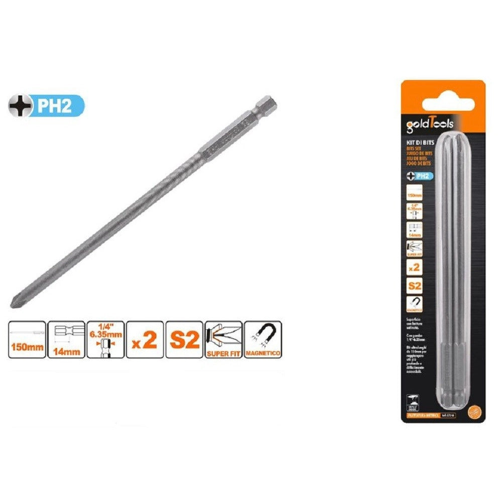 Trade Shop - Kit 2pezzi Di Bits Da 150mm Gambo 1/4" 6.35mm S2 Magnetica Croce Testa Ph2 57248 -