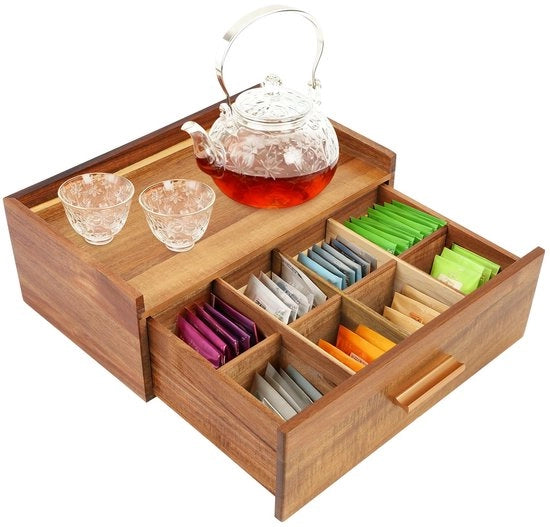 Cassetto per Tè con 8 Compartimenti - Organizzatore per Tazze da Tè - Scatola per Conservare Tazze da Tè - Cassetto di Cucina per Conservare Oggetti - Soluzione Multifunzionale per la Conservazione - Design Elegante