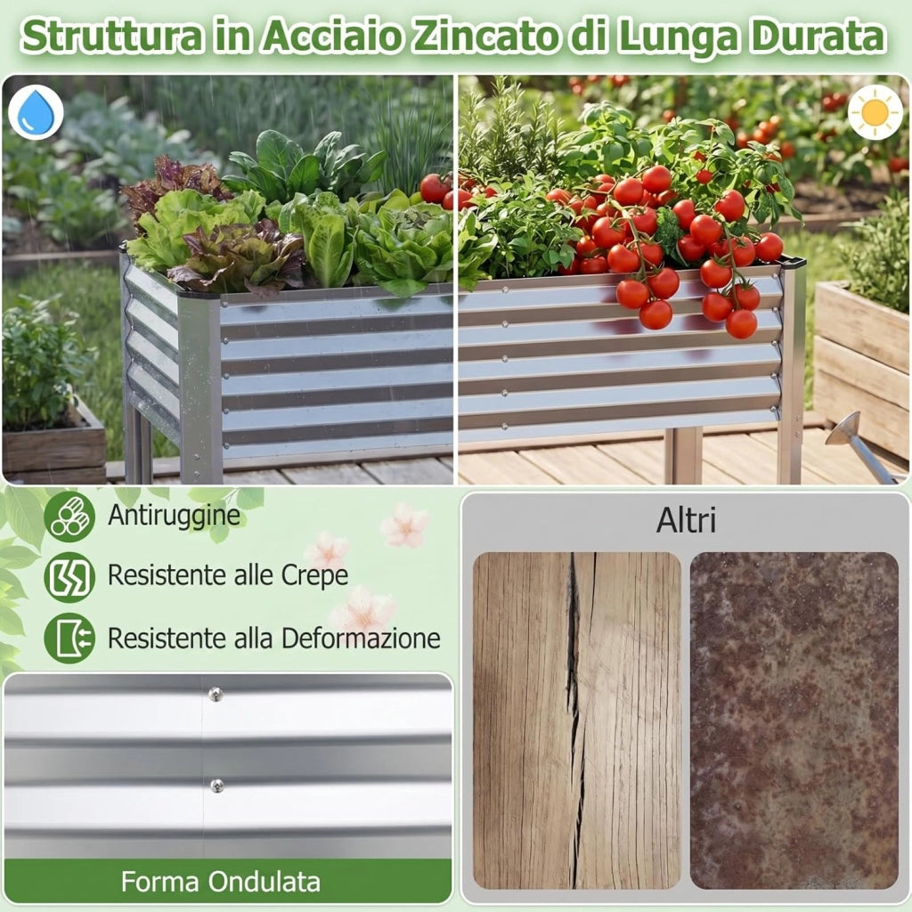 Fioriera Rialzata da Esterno, Orto Rialzato da Giardino in Metallo con Fori di Drenaggio, Altezza Ergonomica e Guanti, Letto Elevato da Giardino Rettangolare per Piante e Fiori, (Argento)