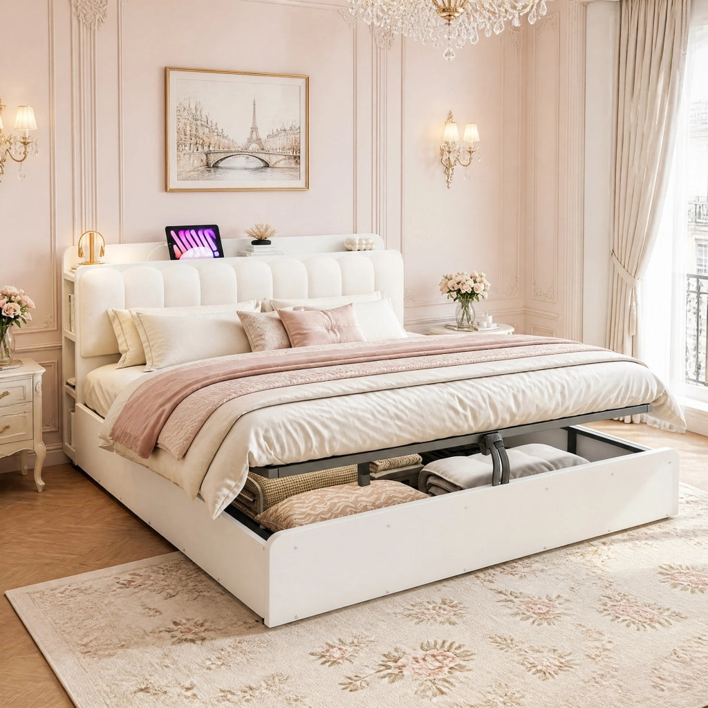 Letto matrimoniale 180x200 cm in legno bianco con contenitore idraulico; testiera imbottita e USB