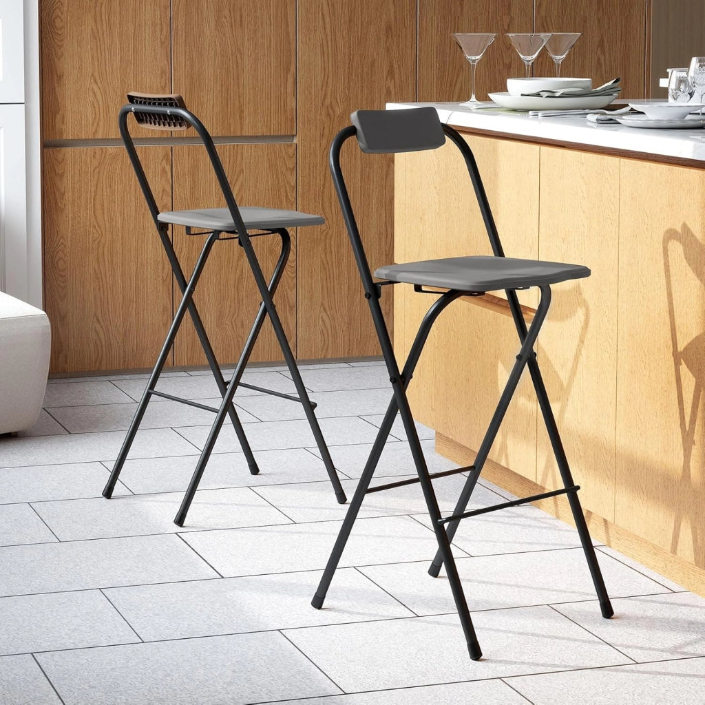 Set di 2 Sgabelli da Bar Pieghevoli, Sedie per Esterni con Schienale Inclinabile, Seduta Curvata e Poggiapiedi, Sgabelli Alti con Struttura in Metallo per Balcone, Terrazza, Giardino (Grigio)
