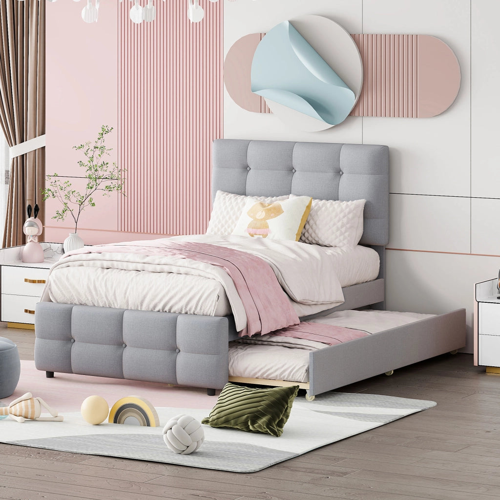 Letto singolo estraibile 90×200 cm e 90×190 cm con testiera regolabile; senza materasso; imbottito; grigio