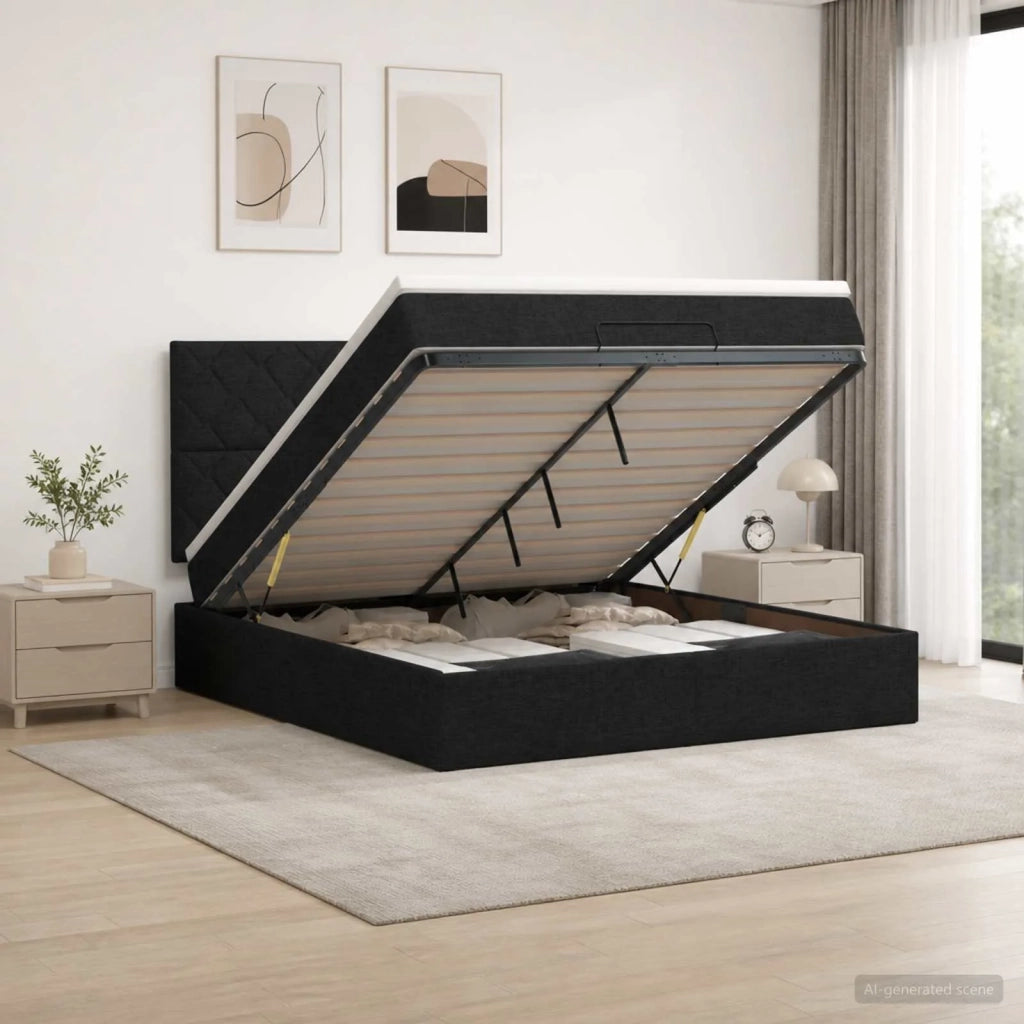 Letto Ottomano con Materasso e LED Nero 140 x 200 cm Tessuto 3458161