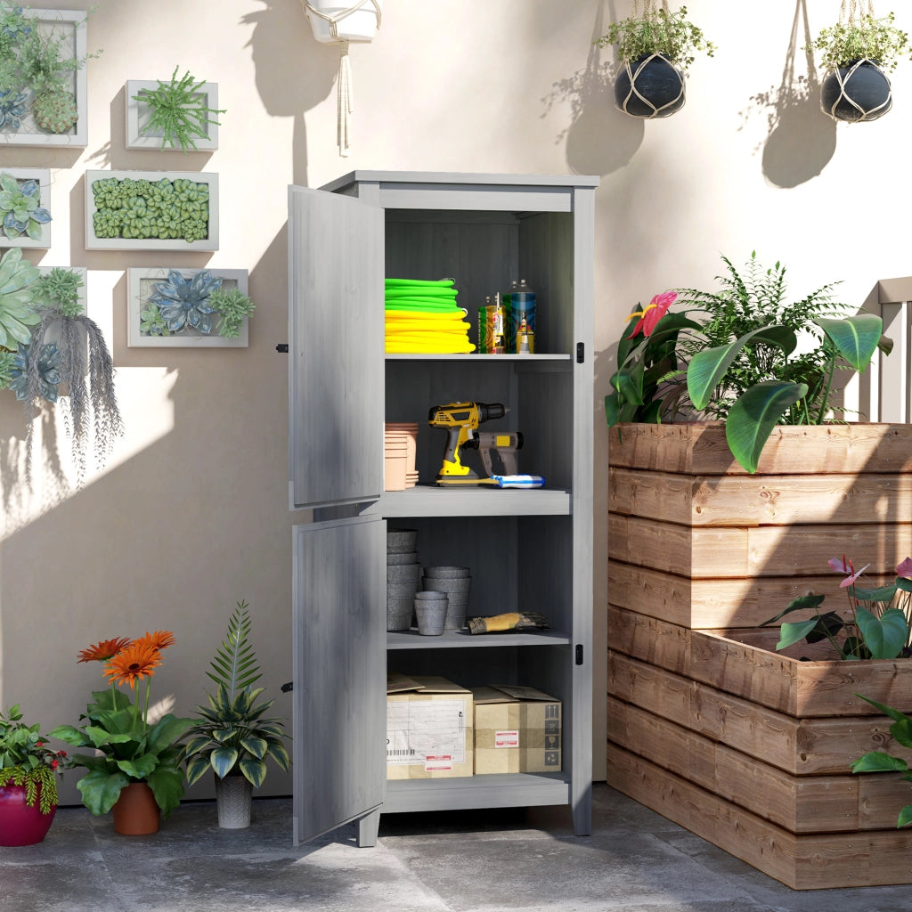 OKWISH Armadio da Giardino con Doppia Porta con Chiavistello e 2 Ripiani Rimovibili, in Legno, Grigio Chiaro, 60 × 60 × 160 cm