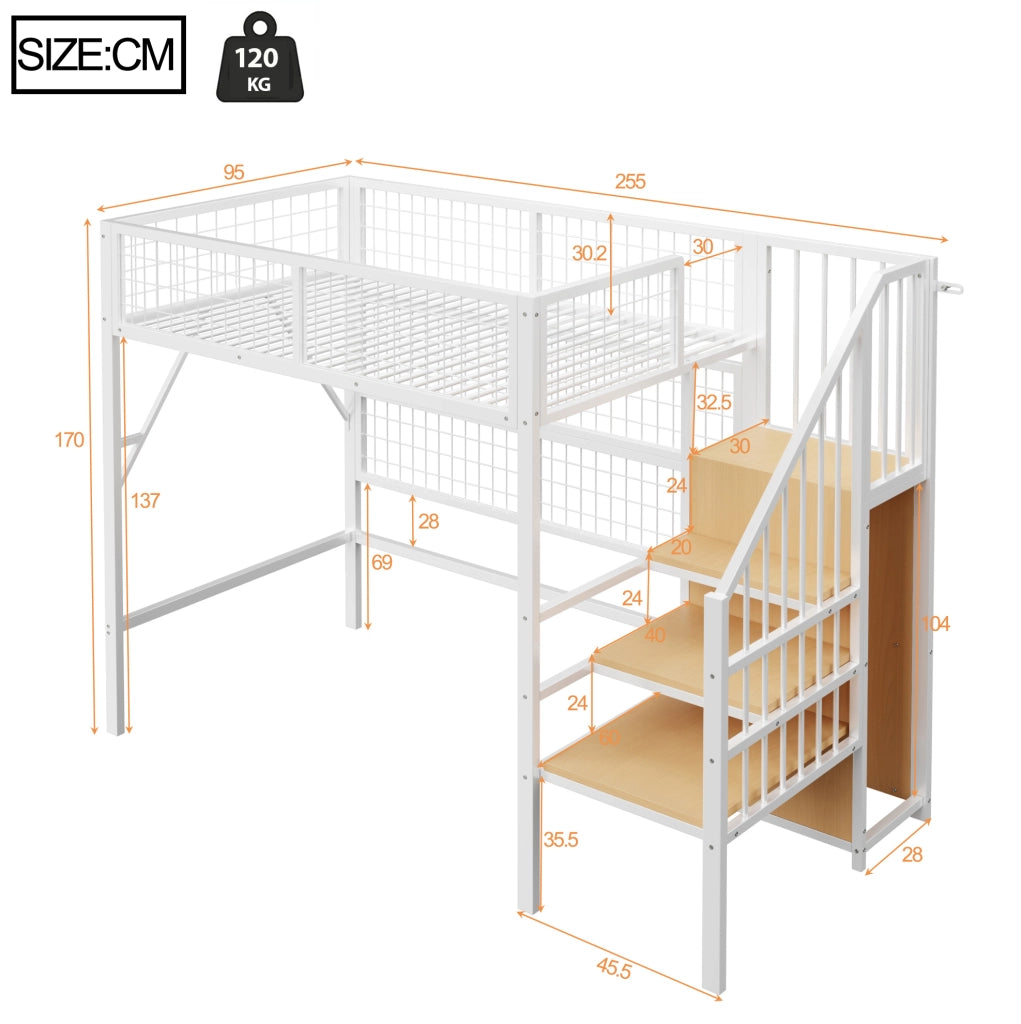 Letto a soppalco 90x200 cm con LED app e scala contenitore