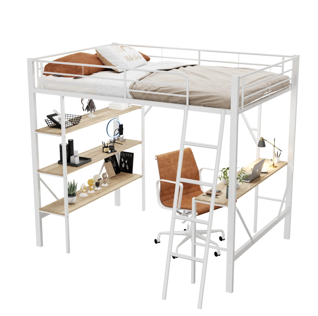 Letto a soppalco 90x200 cm con scrivania e ripiani, struttura in metallo e MDF, bianco