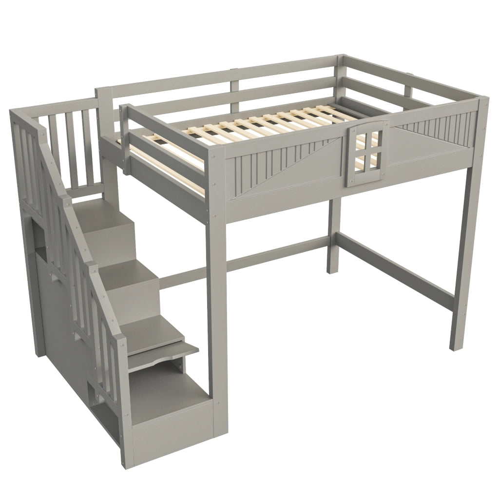 Letto a soppalco 140x200 cm con scala reversibile e vani portaoggetti in legno grigio