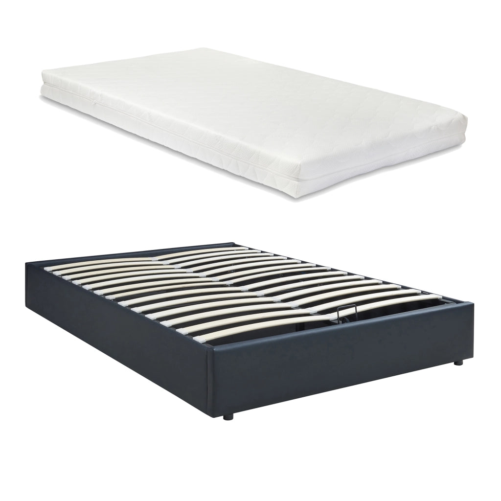 Letto Francese Contenitore Nola 140x200 cm con Materasso Apertura a Ribalta Rivestito in Similpelle - Nero [en.casa]