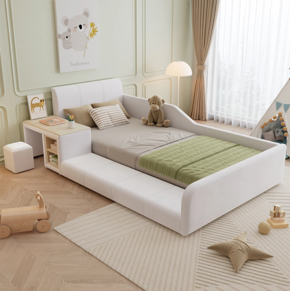 Letto singolo imbottito ULEVR 90x200 cm con scrivania, sgabello e ripiano, velluto bianco
