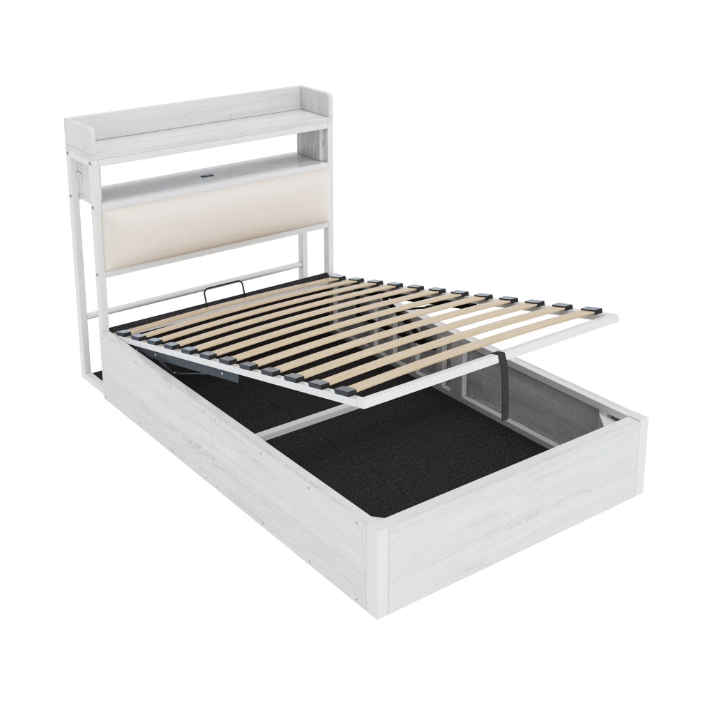 OKWISH Letto Contenitore 90×200 cm, Letto Singolo con Sollevamento Idraulico, USB e Testiera Imbottita, senza Materasso, Bianco