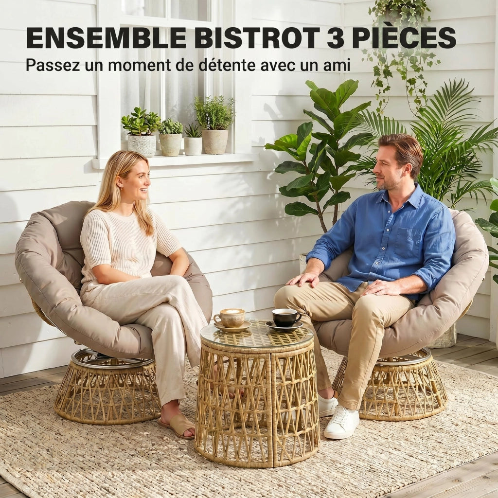Set da giardino 3 pezzi con 2 poltrone papasan girevoli e 1 tavolino tondo in resina poliestere intrecciata ¨C zephmum ¨C grigio