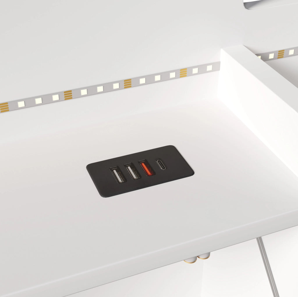 Letto 90 x 200 cm con contenitore idraulico, LED, USB e Type-C bianco