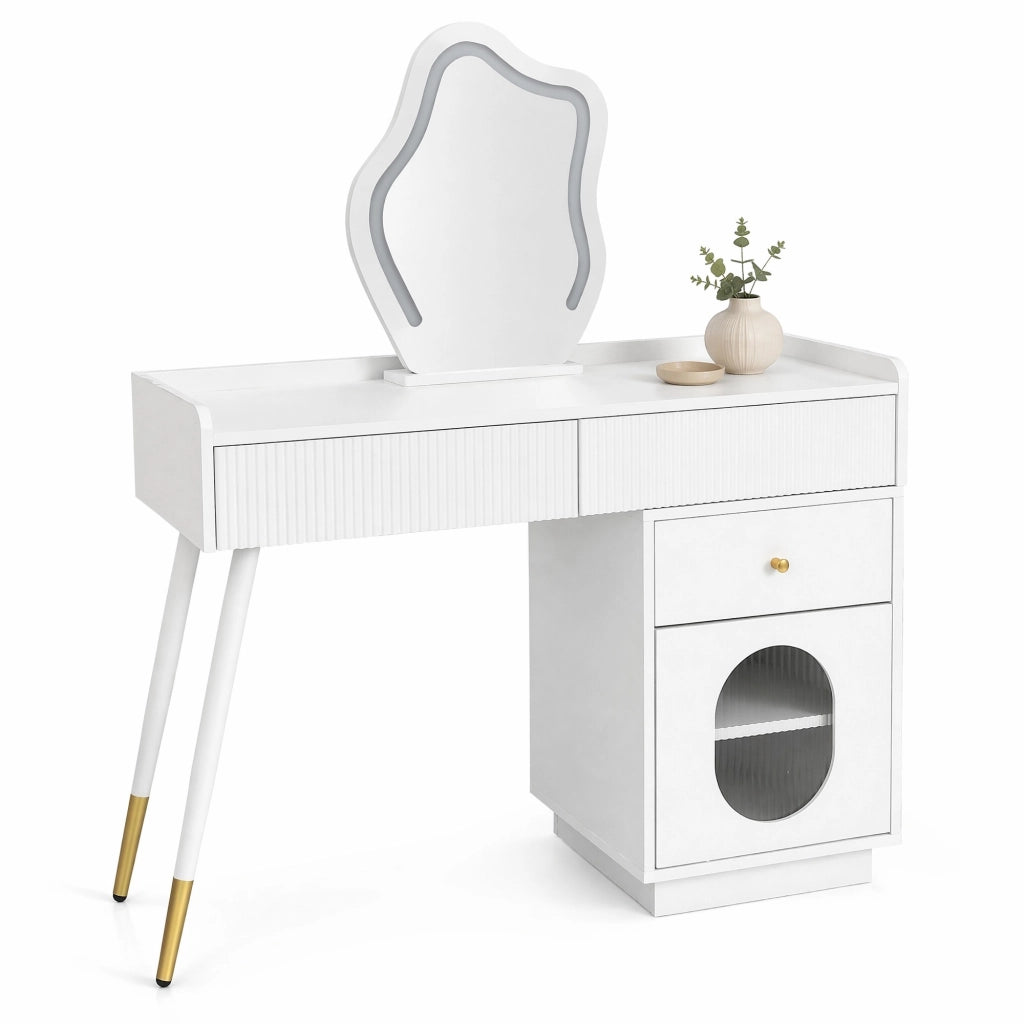 Tavolo da trucco con specchio LED e illuminazione, colore bianco, con due cassetti e mobile laterale, 100 x 75 x 40 cm