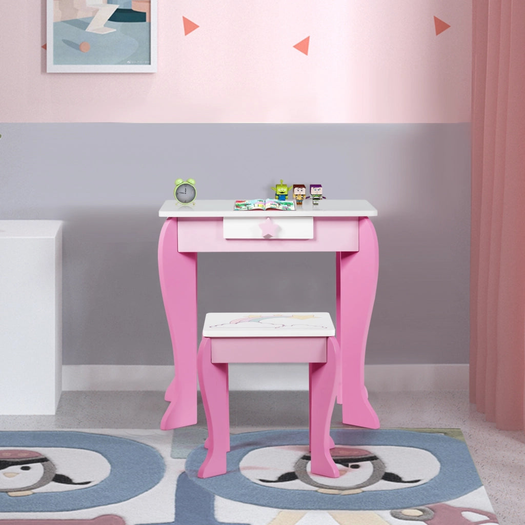 Toeletta per bambine, toeletta principesse con sgabello specchio smontabile e cassetto, Rosa e bianco-Toelette per bimbi