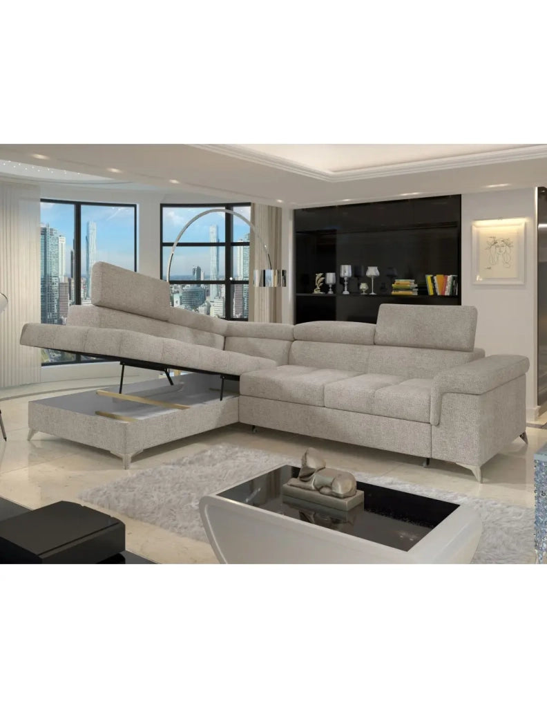 Divano ad angolo convertibile PALAZZO 4 posti beige – angolo sinistro con contenitore