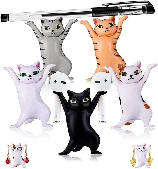 Supporto per penne 5 pezzi con gatto danzante, mini figura di gatto, supporto per penne, supporto per penna, supporto per stilografica, decorativo per scrivania o libreria