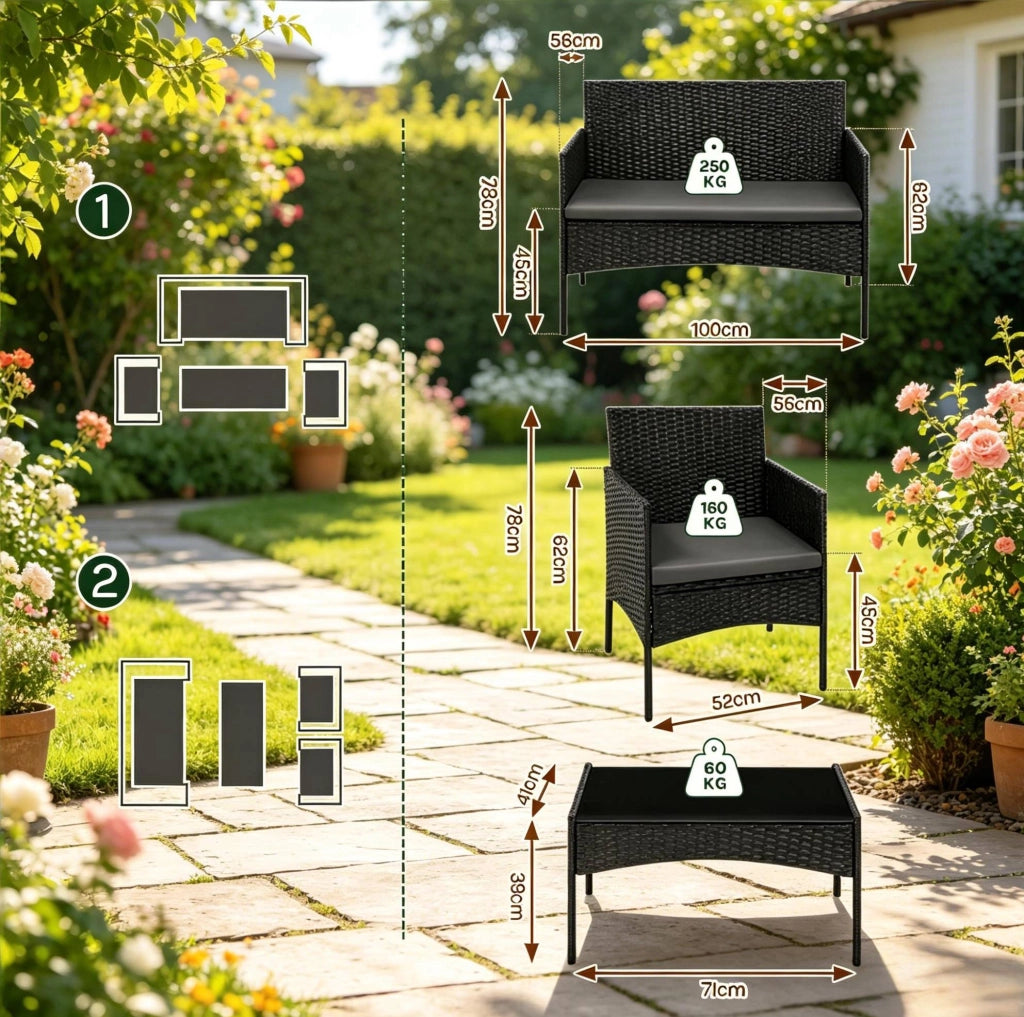 Set mobili da giardino per 4 persone in rattan PE nero; con tavolino in vetro temperato 71 cm