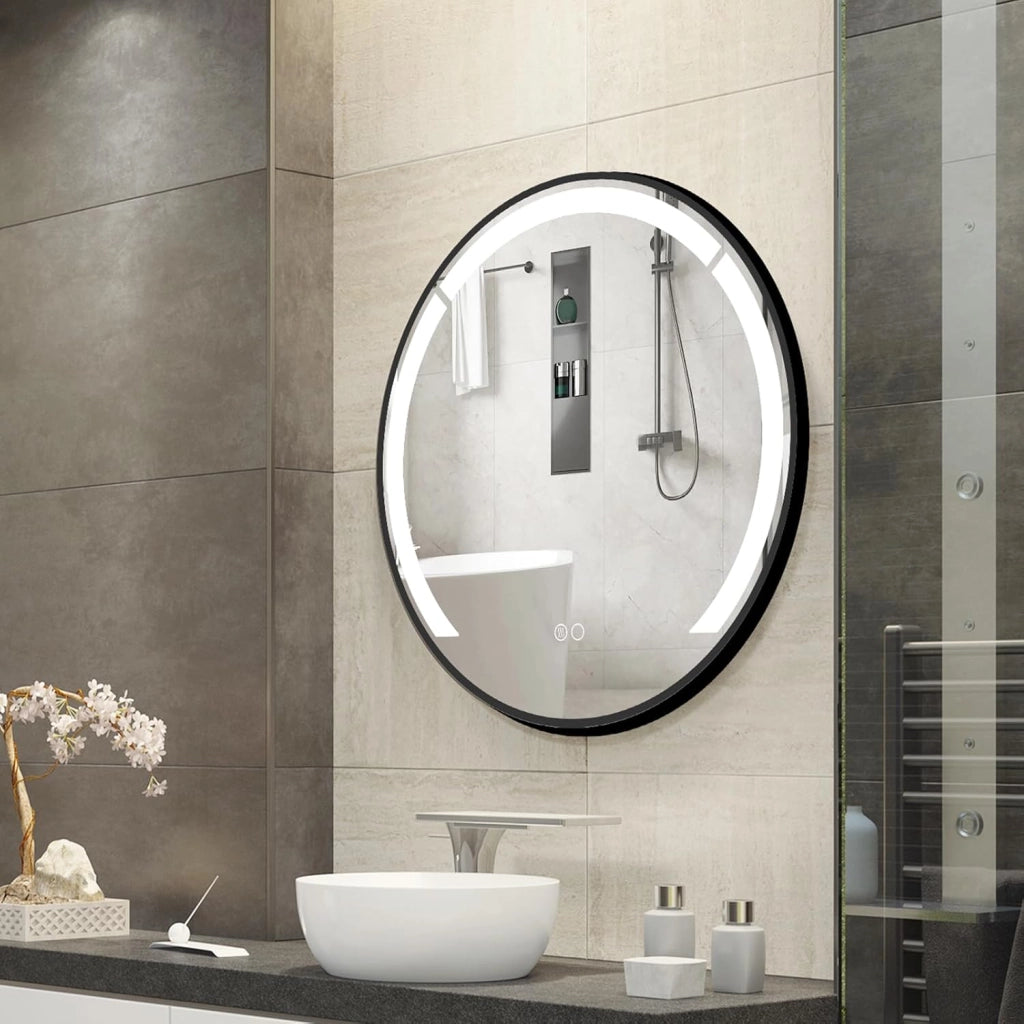 Specchio da Bagno LED Rotondo da 60 Cm, Specchio da Toeletta con Cornice in Alluminio, Funzione Antifog, 3 Colori di Luce e Luminosità Regolabile, Specchio Smart da Montare a Parete