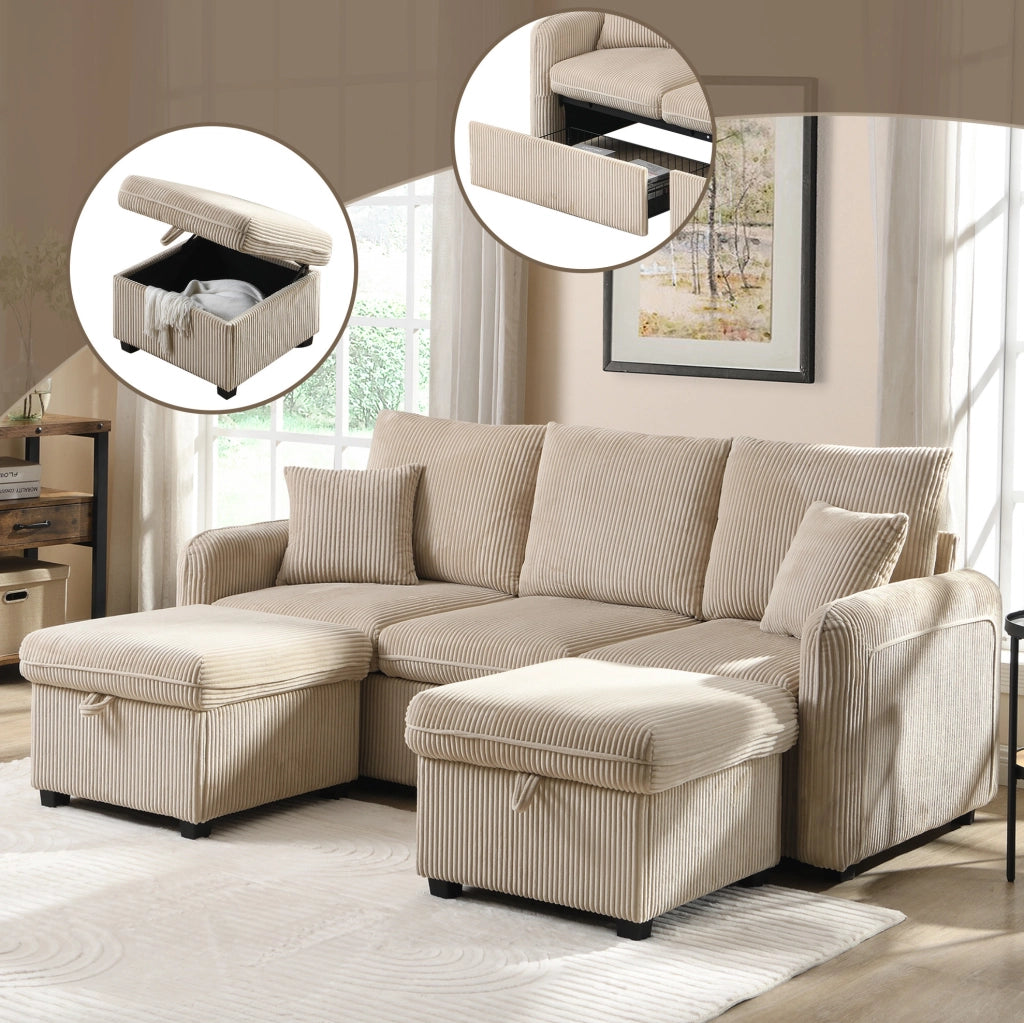 Divano 3 Posti Trasformabile con 2 Pouf Contenitore e 2 Cassetti; Velluto a Coste Beige