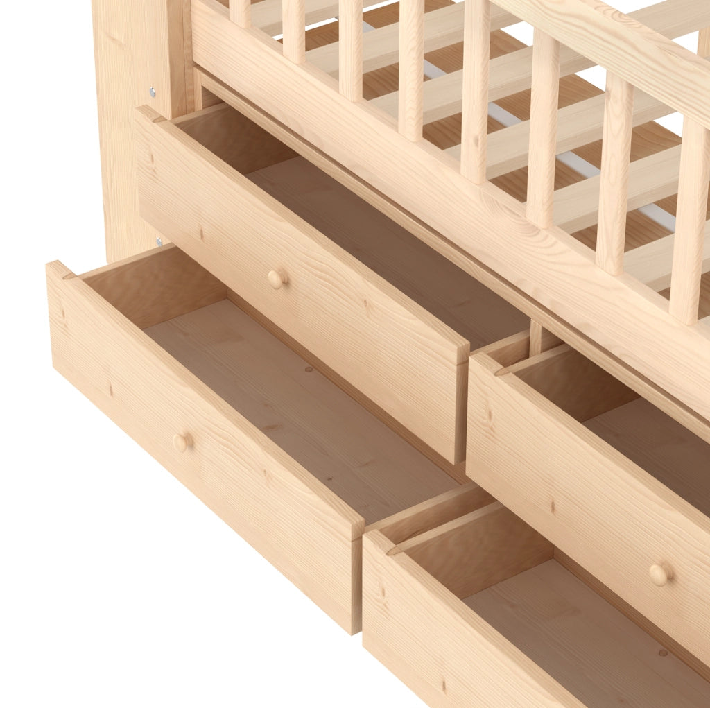 Letto semialto 90x200 cm con LED; scala e contenitori in pino naturale