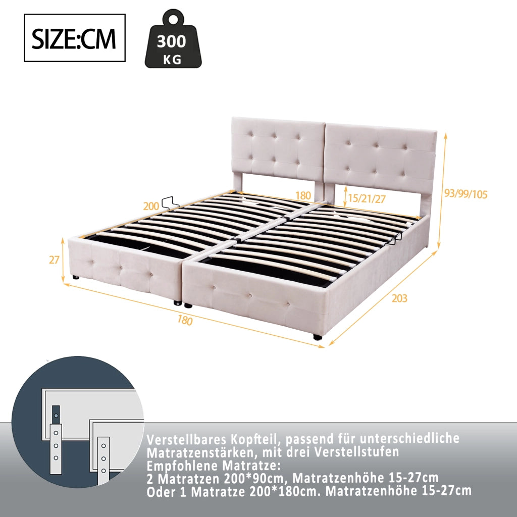 OKWISH Letto Contenitore 180×200 cm, Letto Matrimoniale con Sollevamento Idraulico, Testiera Regolabile e Convertibile, senza Materasso, Beige