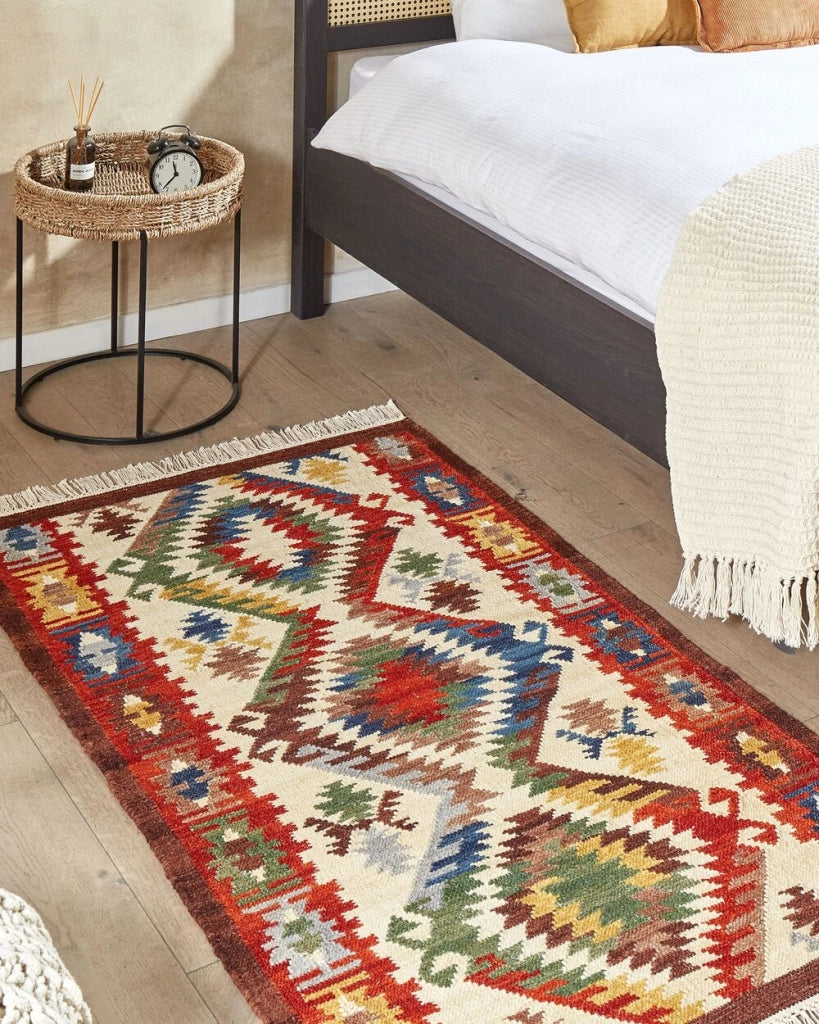 Tappeto di lana multicolore 80 x 150 cm kilim fatto a mano con nappe soggiorno camera da letto