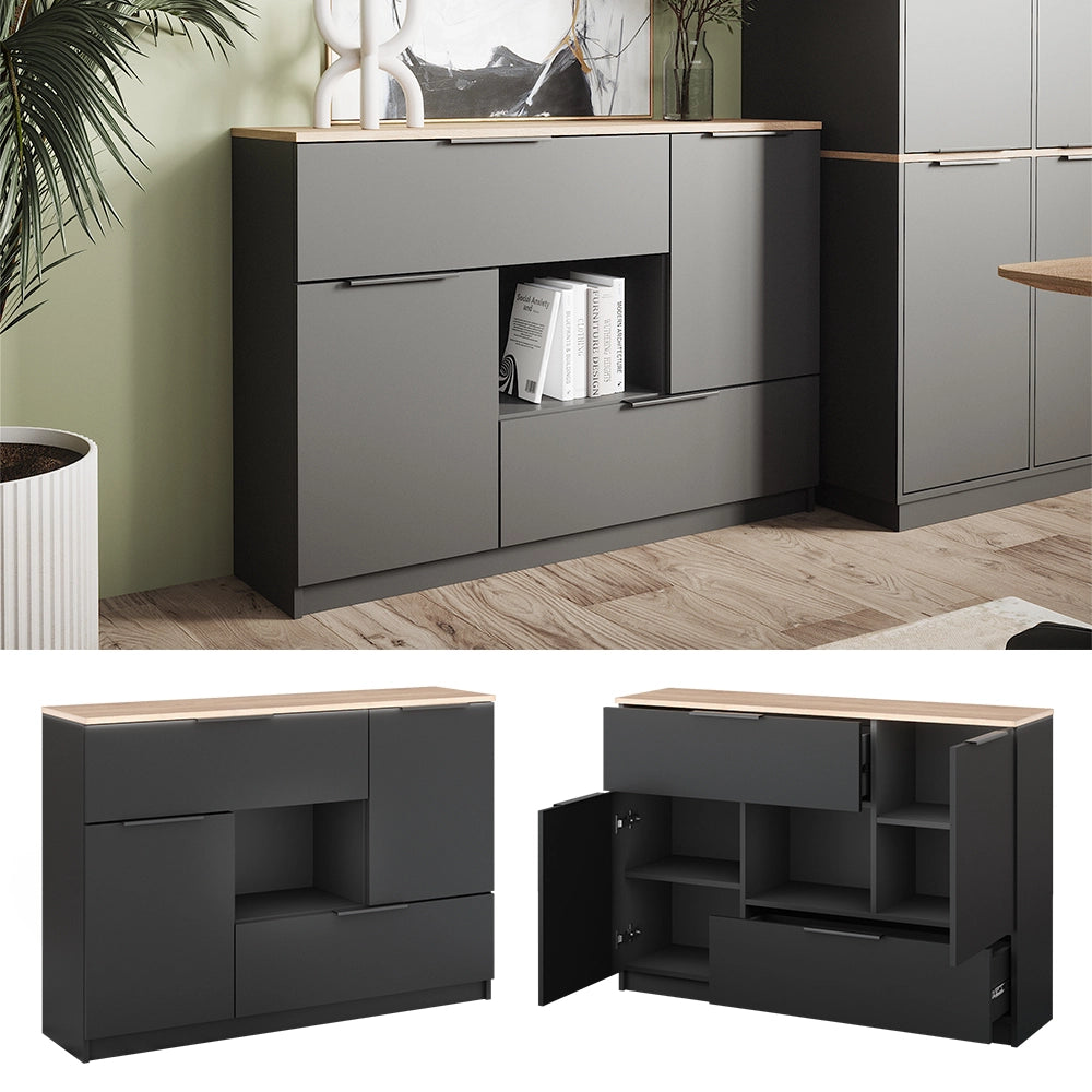Vicco Cassettiera per camera da letto Antracite 120 x 83.6 cm 2x porta, 2x cassetto e 1x scomparto aperto