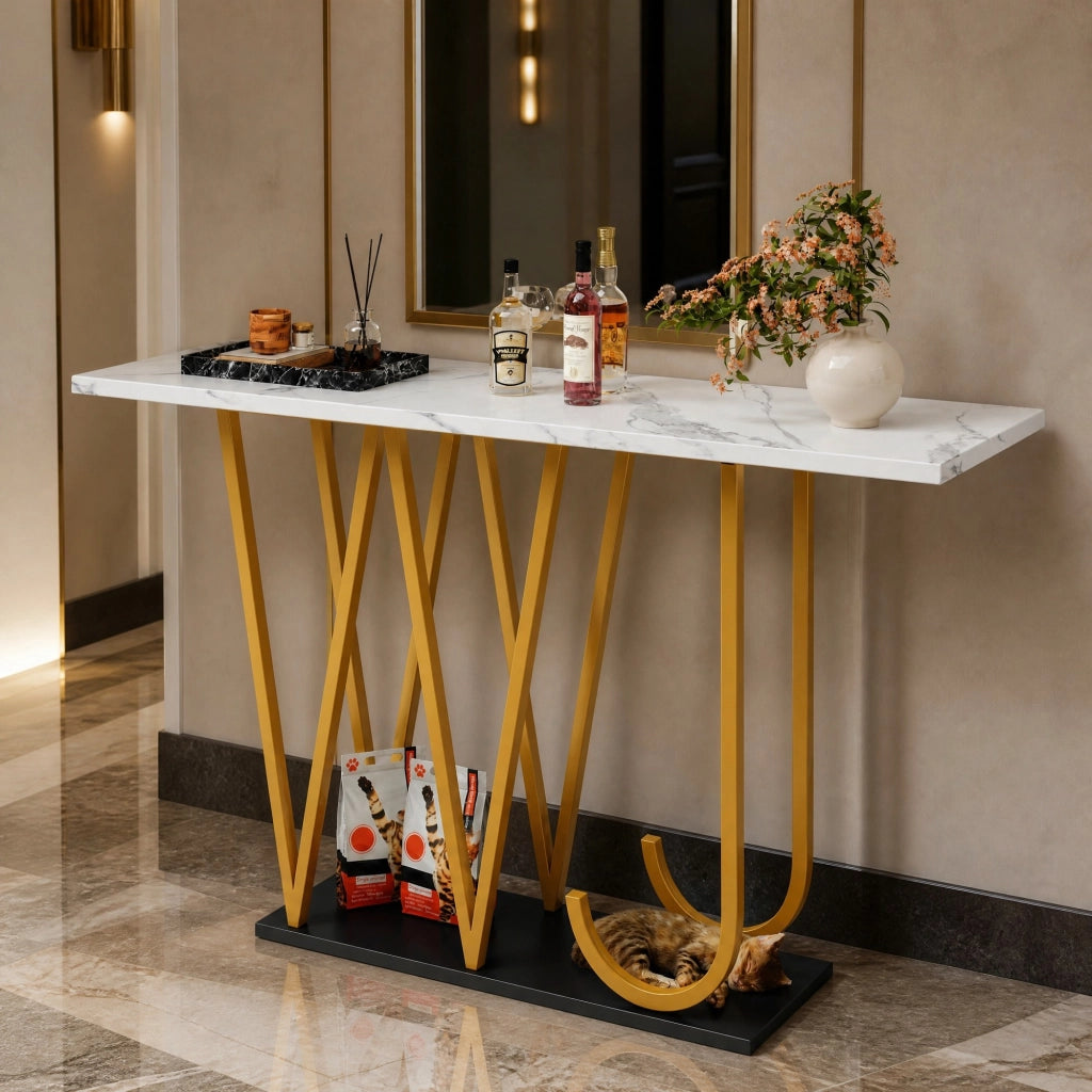 Consolle con piano in MDF effetto marmo, gambe in metallo e base rinforzata, bianca 120 × 29,5 × 80 cm