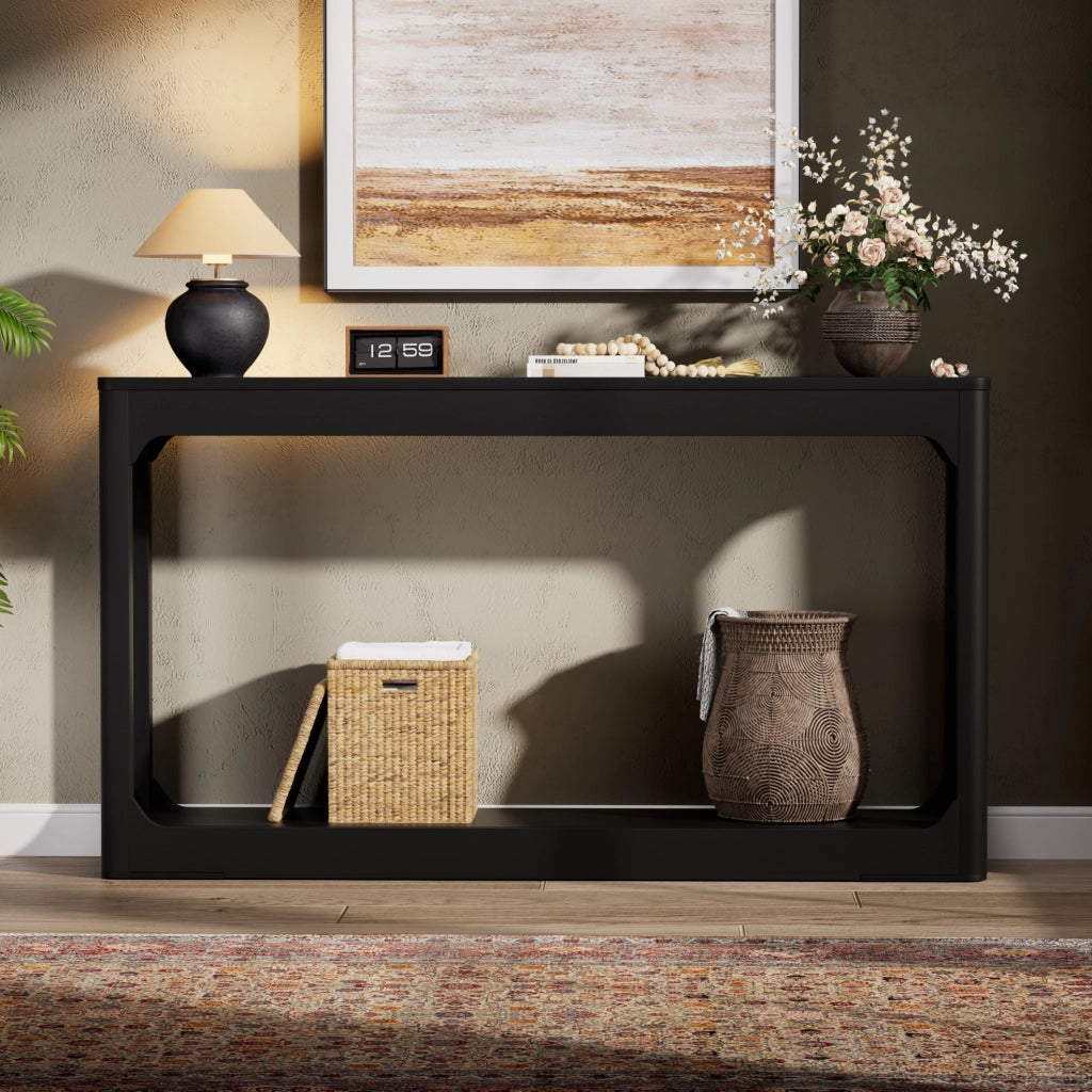 Tavolo consolle 140x30x79 cm nero, 2 ripiani, MDF, design compatto
