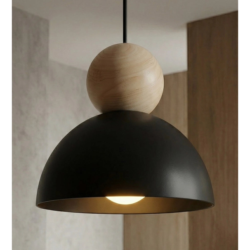 Lampada a sospensione KAKI in acciaio nero opaco e legno