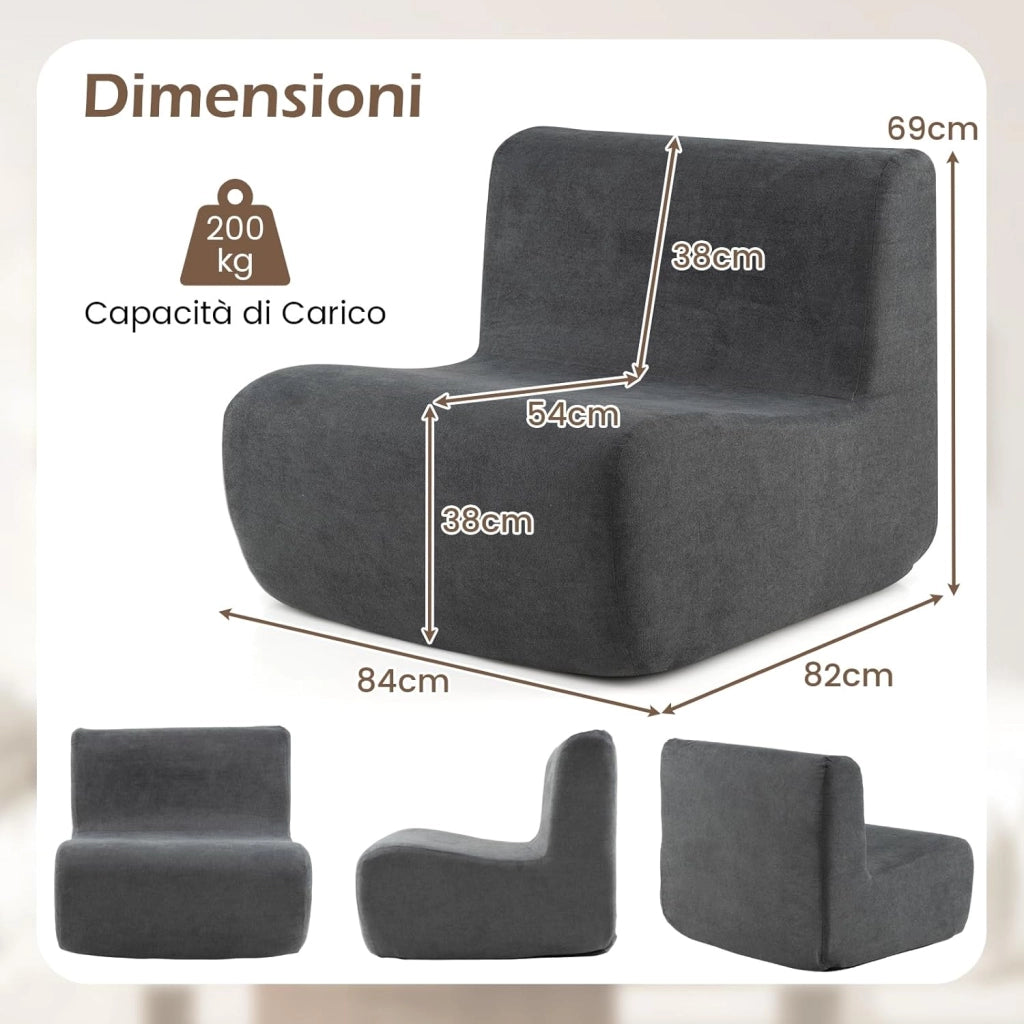 Divano Singolo da Pavimento, Poltrona da Divano con Morbido Velluto e Supporto Ergonomico, Poltrona Sacco da Lettura per Soggiorno, Camera da Letto (Grigio)