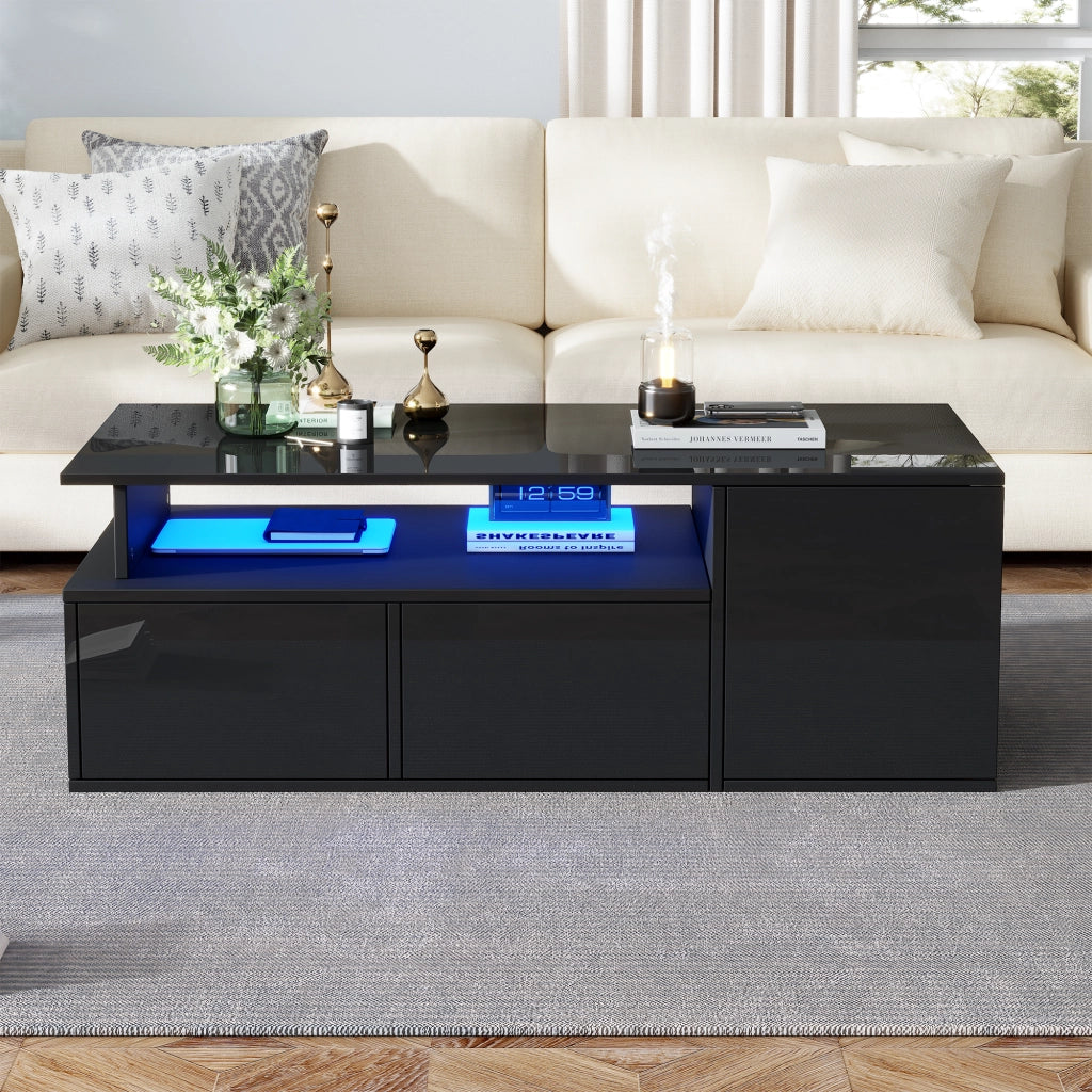 TAVOLO da salotto 100x50x35 cm Nero con LED e 2 cassetti