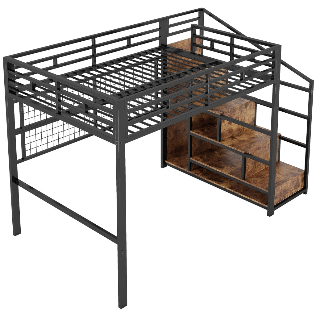 LETTO A SOPPALCO 140x200 cm Metallo Nero con scala armadio e griglia pensile