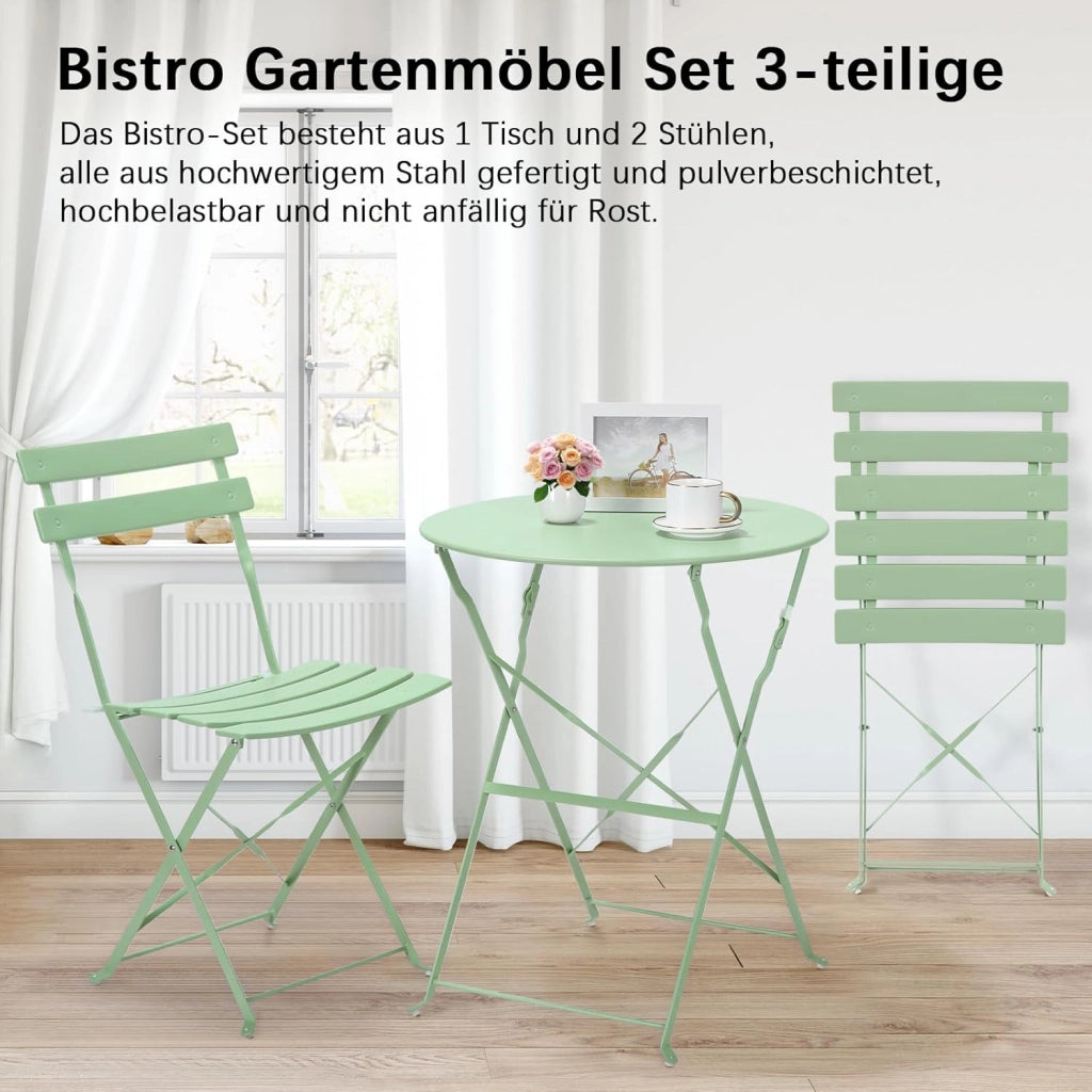 Set da Bistrot Pieghevole 3 Pezzi, Tavolo da Giardino Bistrot in Metallo, 1 Tavolo e 2 Sedie per Piccoli Balconi, Resistente alle Intemperie, per Balcone, Giardino e Terrazzo, Verde